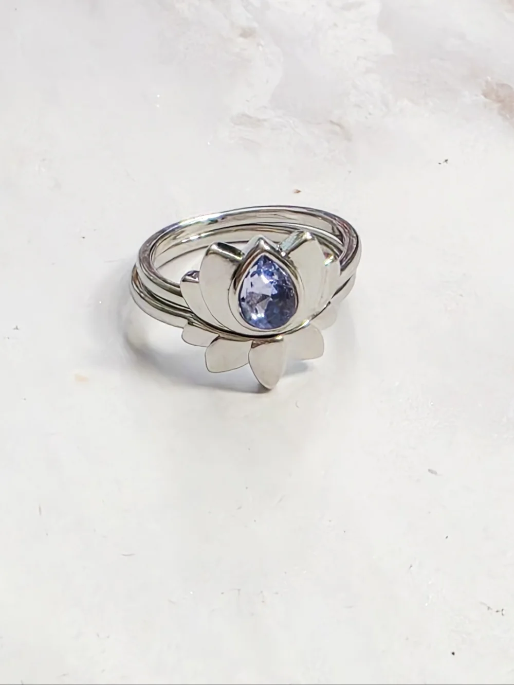 Boho Silvery Lotus Flower Ring Set | Blue Water Drop Crystal Size 8